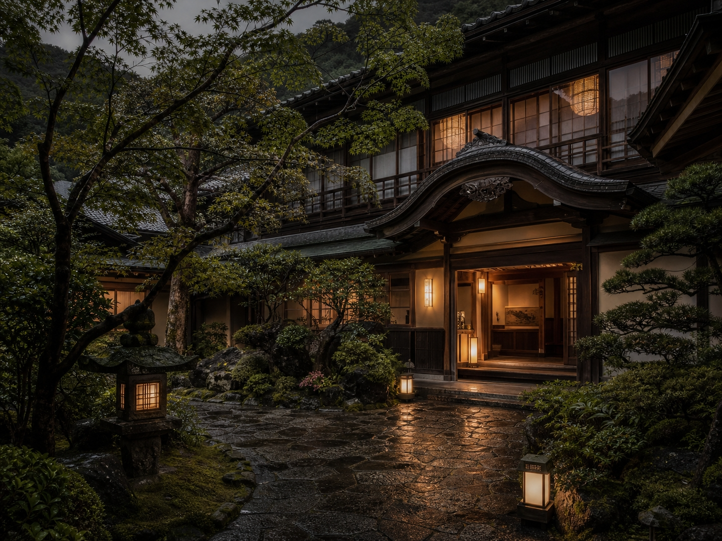 ryokan — garden, lantern, still water
