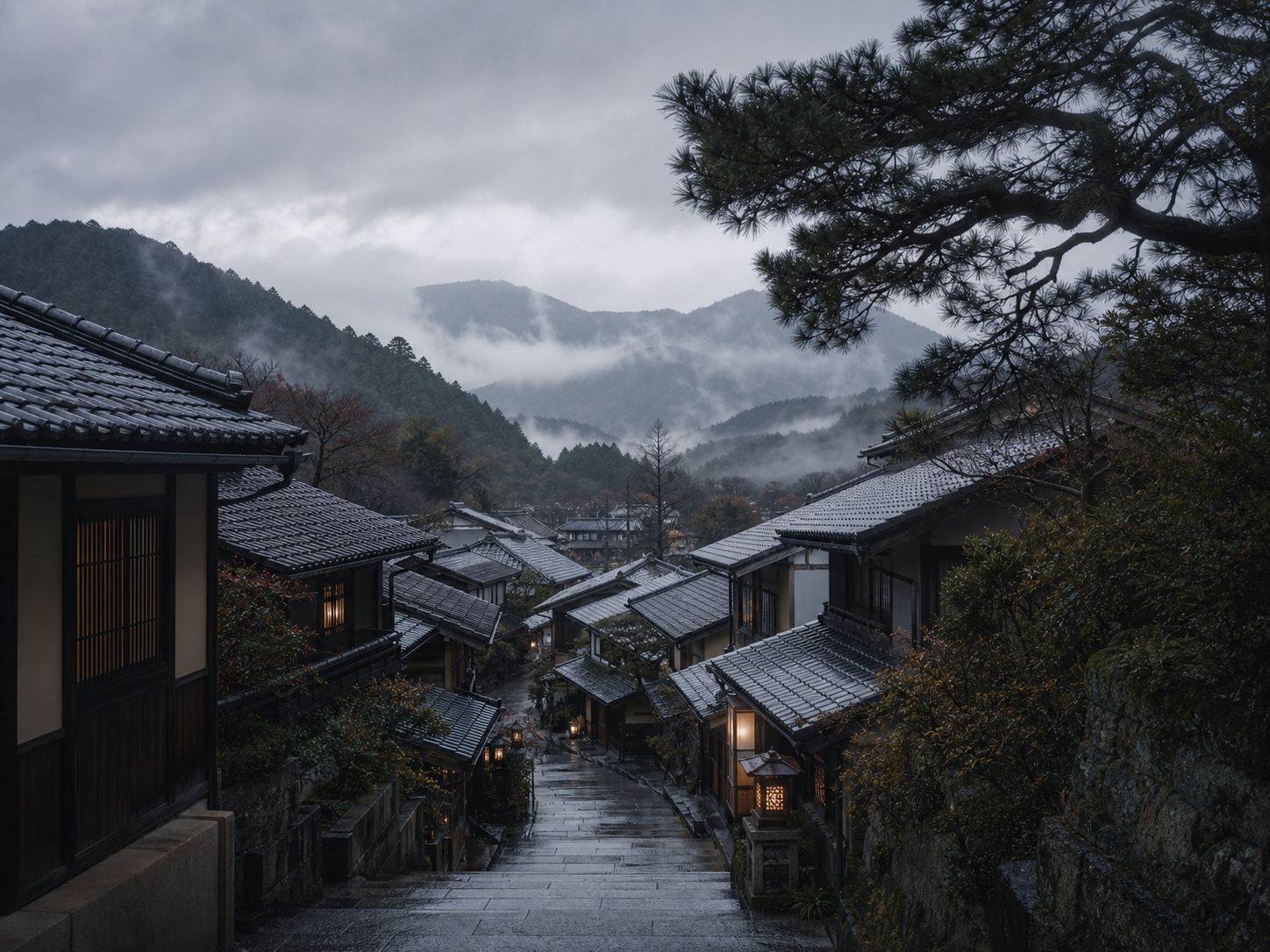 landscape — shrine, mountains, golden hour